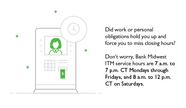 What is an ITM Blog Illustration: Bank Midwest ITM service hours are Mon.-Fri. 7 a.m. to 7 p.m. and Sat. 8 a.m. to Noon.