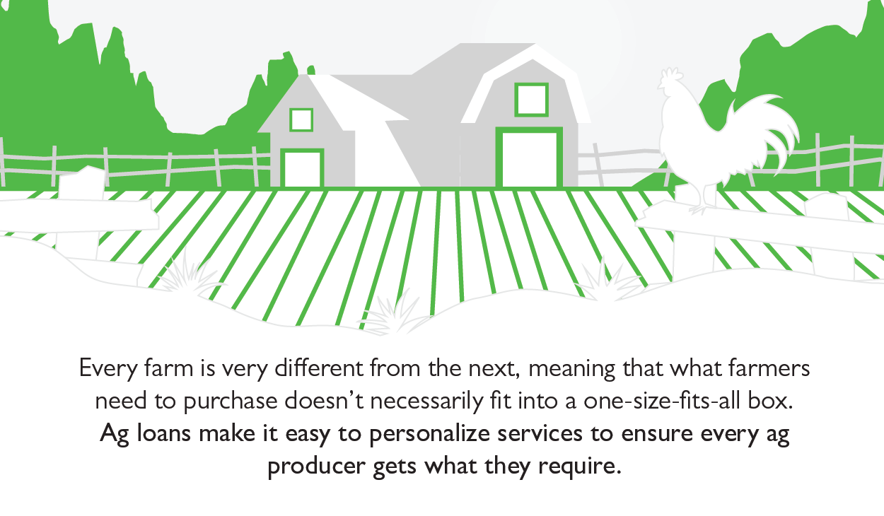 Blog Illustration: Every farm is very different from the next, meaning that what farmers need to purchase doesn't necessarily fit into a one-size-fits-all box. Ag loans make it easy to personalize services to ensure every ag producer gets what they require.