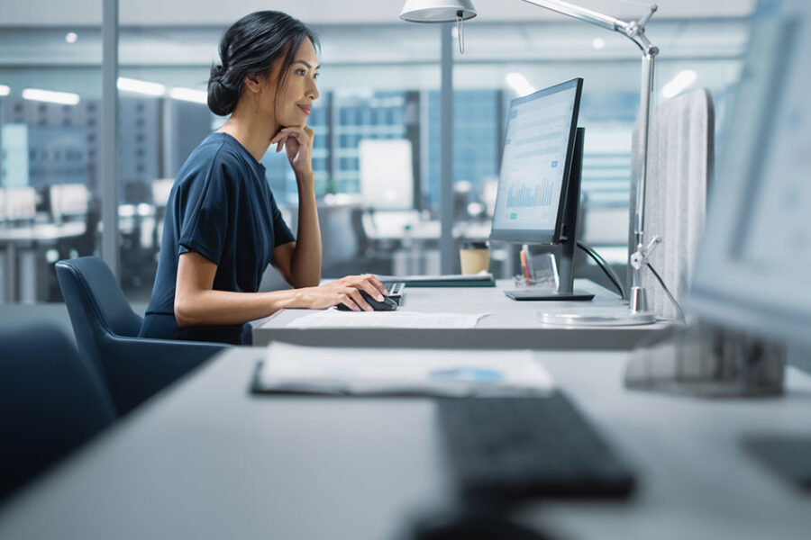 Business Woman Sitting At Computer Work Station